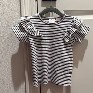 Zara Navy and White Striped Ribbed Tee with Ruffle Sleeves